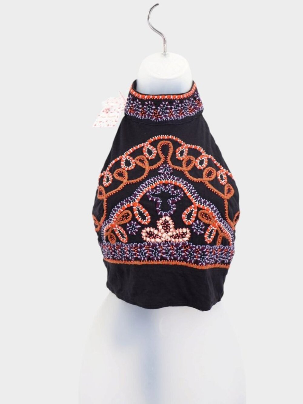 Free People Goa Embroidered Crop Top Black Size XS Tie Back Boho Halter Beaded
